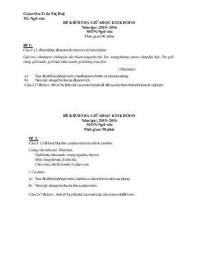 Đề kiểm tra giữa học kì I - Khối 10 năm học 2015 - 2016 môn Ngữ Văn